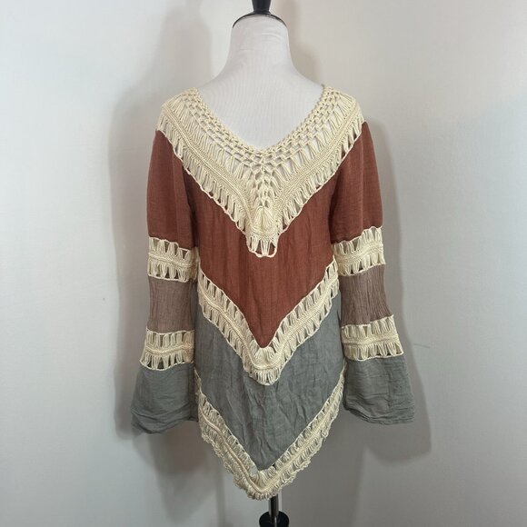 Crochet Tunic Top Shirt Sz M 100% Cotton Boho Color Block Long Slv Flowy Western - Picture 5 of 14